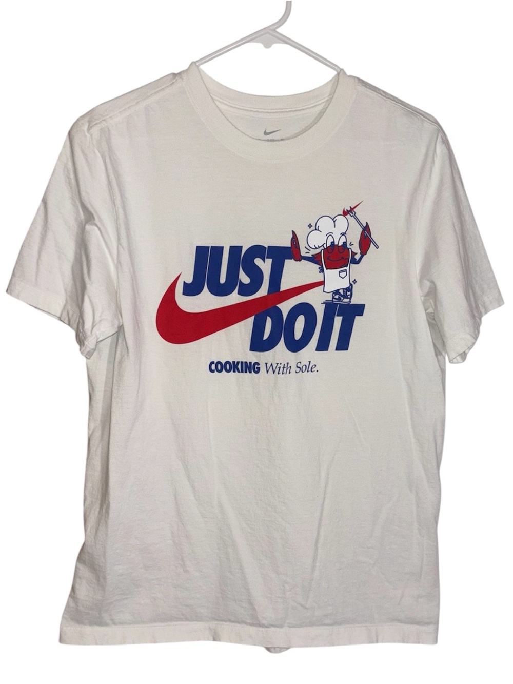 Nike Graphic T-Shirt White with Red and Blue Cooking with Sole Graphic Men’s Med